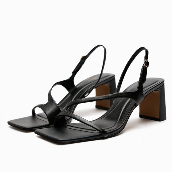 ZARA LEATHER SANDALS WITH BLOCK HEEL Black SIZE 6 23.4 Cm| 1335/110/800 - Picture 1 of 4